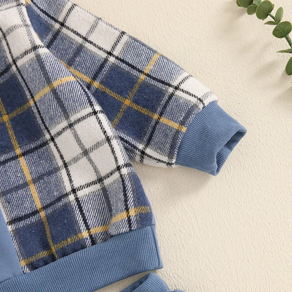 Kids Autumn Plaid Outfit Set with Long Sleeve Tops and Pants