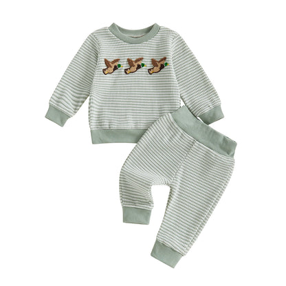 Boys' Long Sleeve Duck Embroidery Top and Striped Pants Set