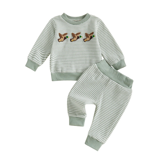 Boys' Long Sleeve Duck Embroidery Top and Striped Pants Set