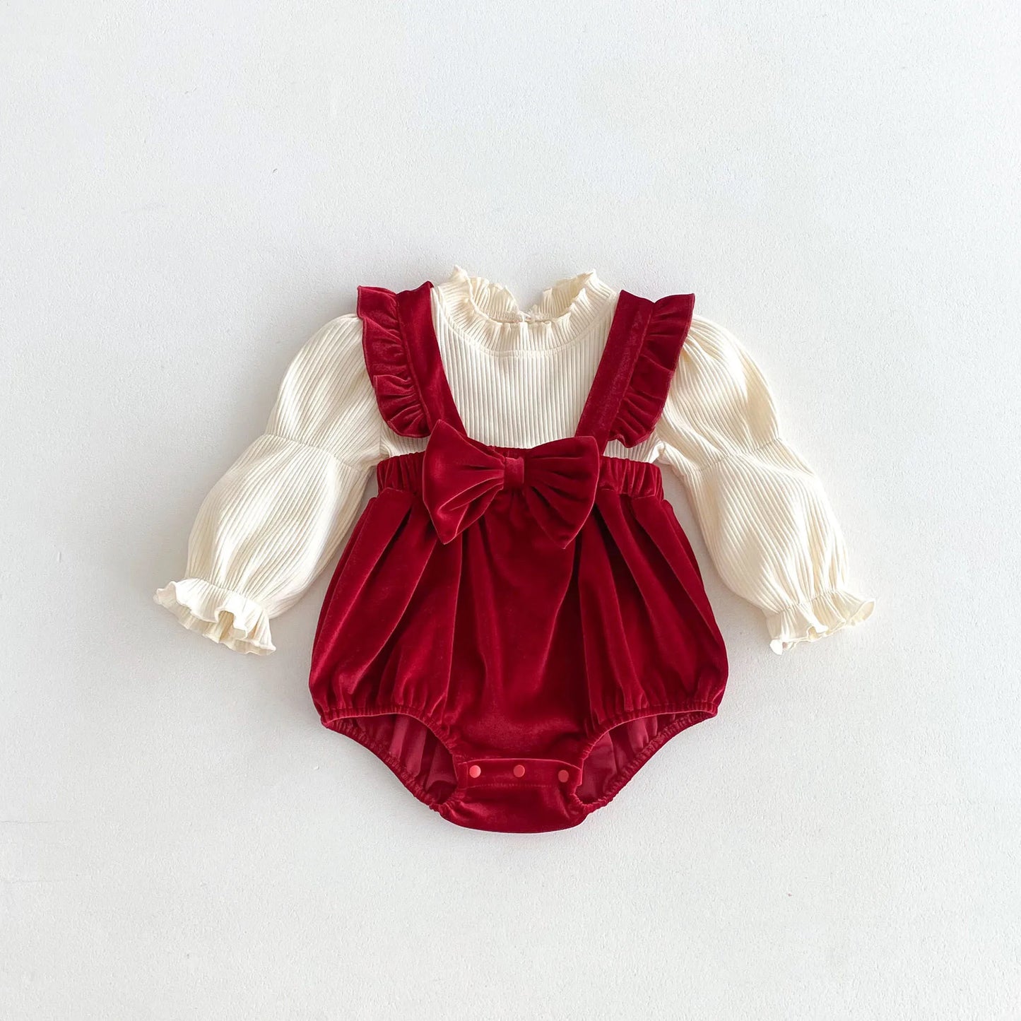 Burgundy Velvet Baby Romper with Bow and Ruffle 0-24M