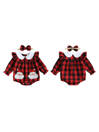 Baby Girls Plaid Romper with Embroidered Collar & Headband Set