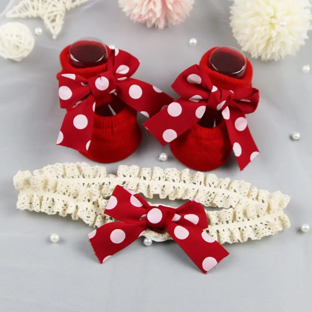 Newborn Baby Headband and Anti-Slip Bow Socks Set