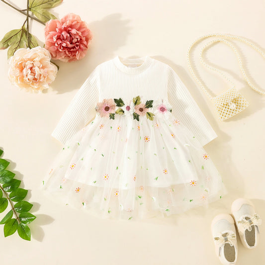 Baby Girls Floral Embroidery Long Sleeve Tulle Dress