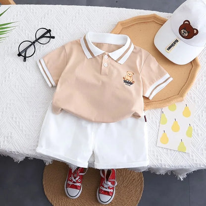 Summer Baby Cartoon Polo Tee and Shorts Set for Kids