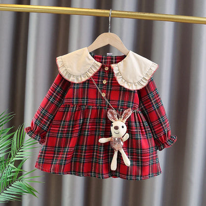 Checkered Peter Pan Collar Dress for Baby Girls