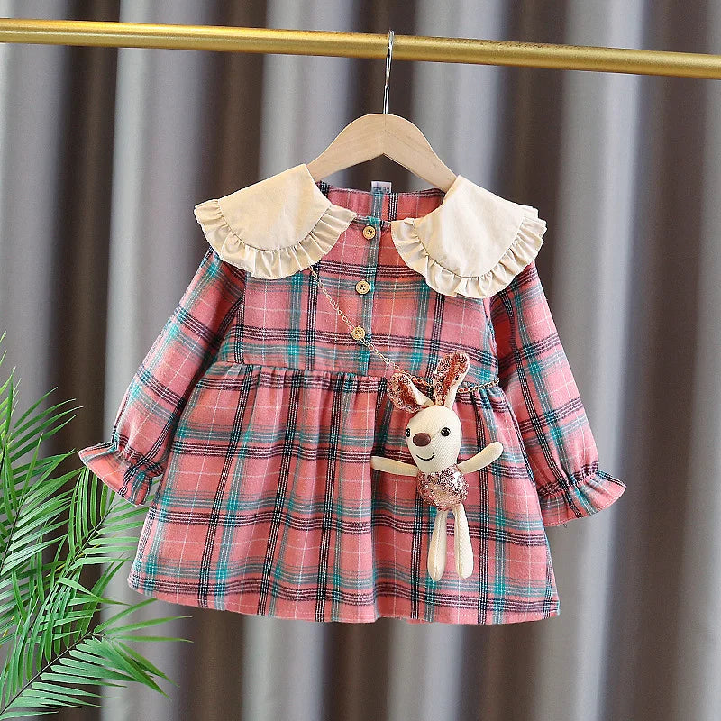 Checkered Peter Pan Collar Dress for Baby Girls