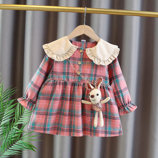 Checkered Peter Pan Collar Dress for Baby Girls