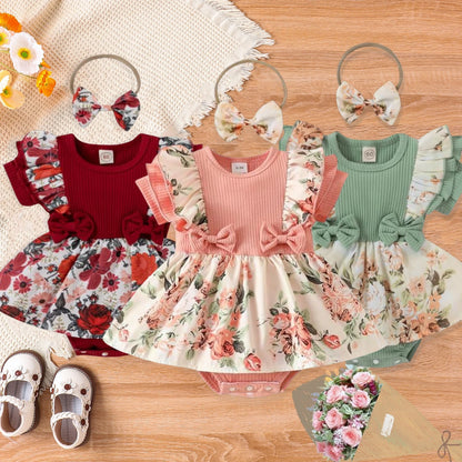 Cotton Striped Baby Girl Dress with Bowknot Headband