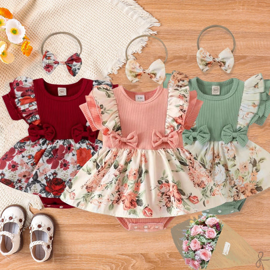 Cotton Striped Baby Girl Dress with Bowknot Headband
