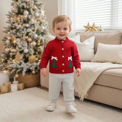 Kids' Christmas Cardigan Sweater with Santa & Tree Designs