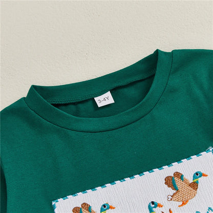 Toddler Boy Duck Embroidered Long Sleeve Top and Plaid Pants Set