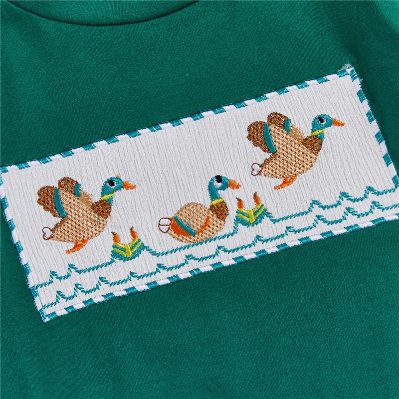 Toddler Boy Duck Embroidered Long Sleeve Top and Plaid Pants Set