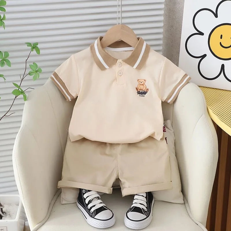 Summer Baby Cartoon Polo Tee and Shorts Set for Kids