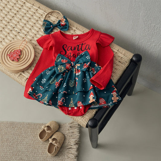 Christmas Baby Girls Long Sleeve Romper Dress with Headband