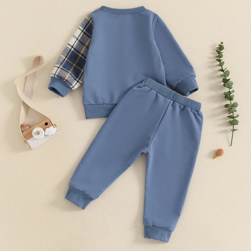 Kids Autumn Plaid Outfit Set with Long Sleeve Tops and Pants