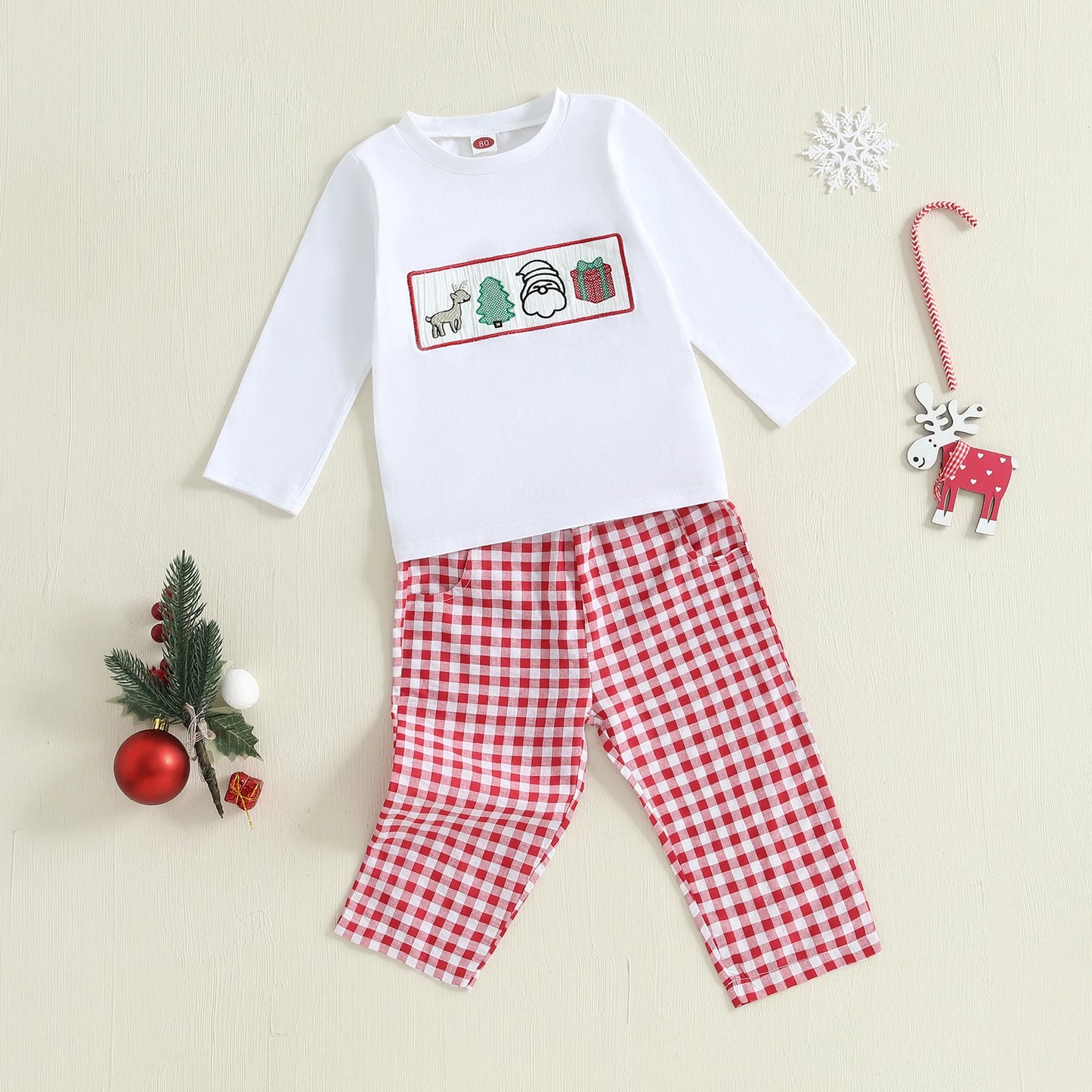 Baby Boys' 2-Piece Christmas Outfit Set with Embroidery and Plaid
