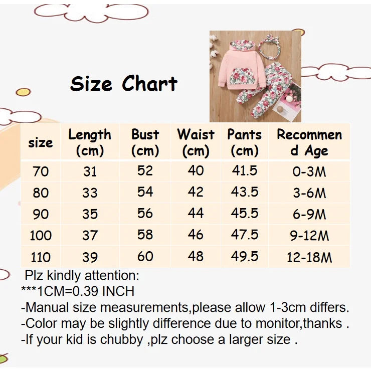 3PCS Baby Girl Floral Hooded Set with Headband 0-18 Months
