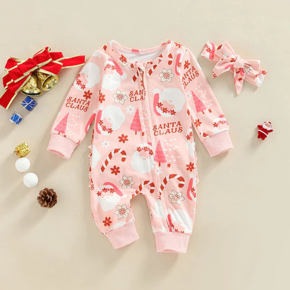 Christmas Baby Girls Jumpsuit Set with Headband and Print
