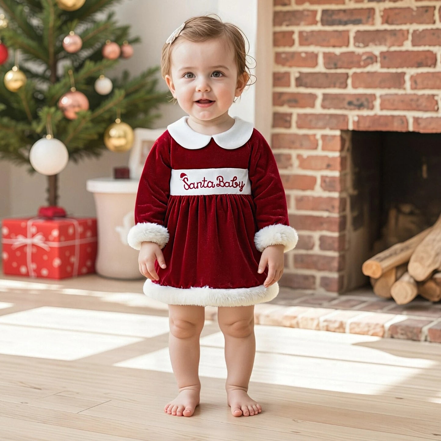 Baby Girl Christmas Velvet Dress with Santa Hat Set