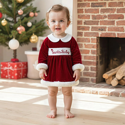 Baby Girl Christmas Velvet Dress with Santa Hat Set