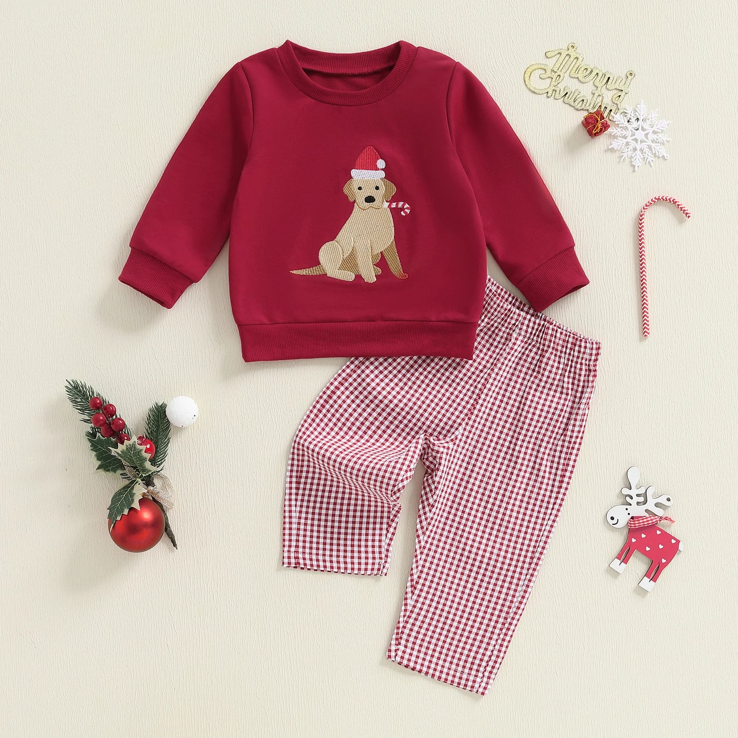 Toddler Christmas Dog Embroidered Sweatshirt and Pants Set