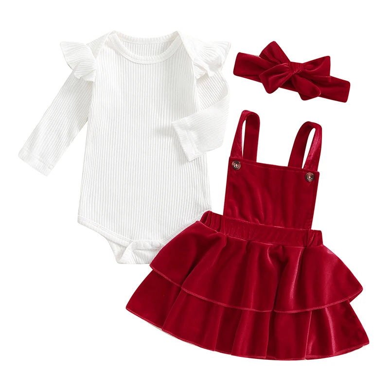 Newborn Baby Girl Christmas Romper Skirt Set with Headband