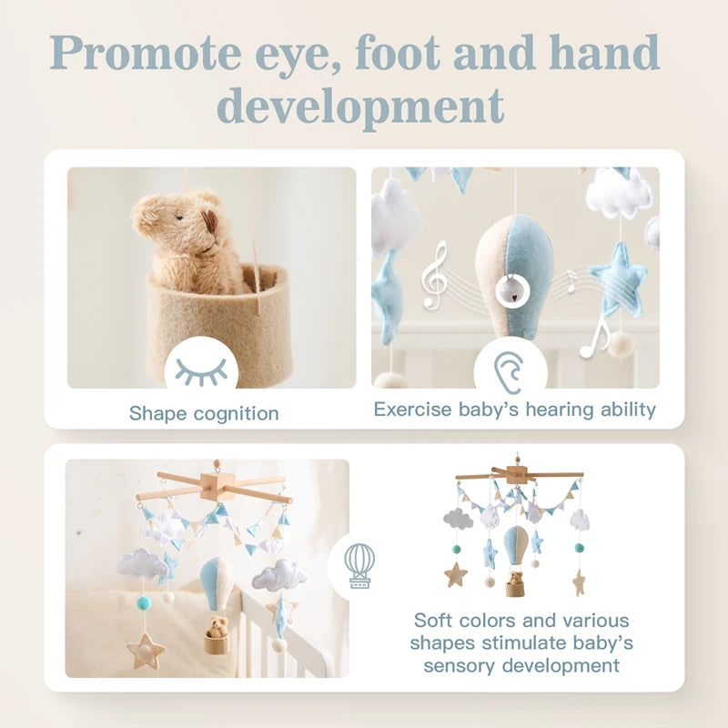 Wooden Hot Air Balloon Baby Crib Mobile and Rattle Toy