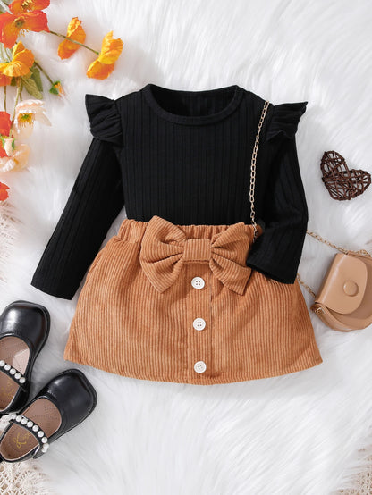 Black Long Sleeve Top & Bow Corduroy Skirt Set for Fall