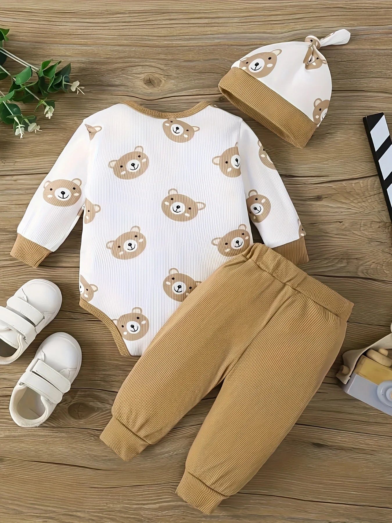 Cute Little Bear Print Baby Boy Jumpsuit, Pants, & Hat Set