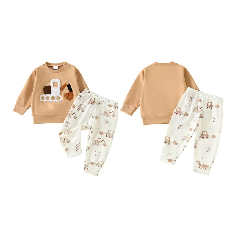 Baby Boys Fall Outfit Set - Car Embroidery Sweatshirt & Pants