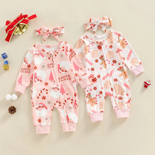 Christmas Baby Girls Jumpsuit Set with Headband and Print