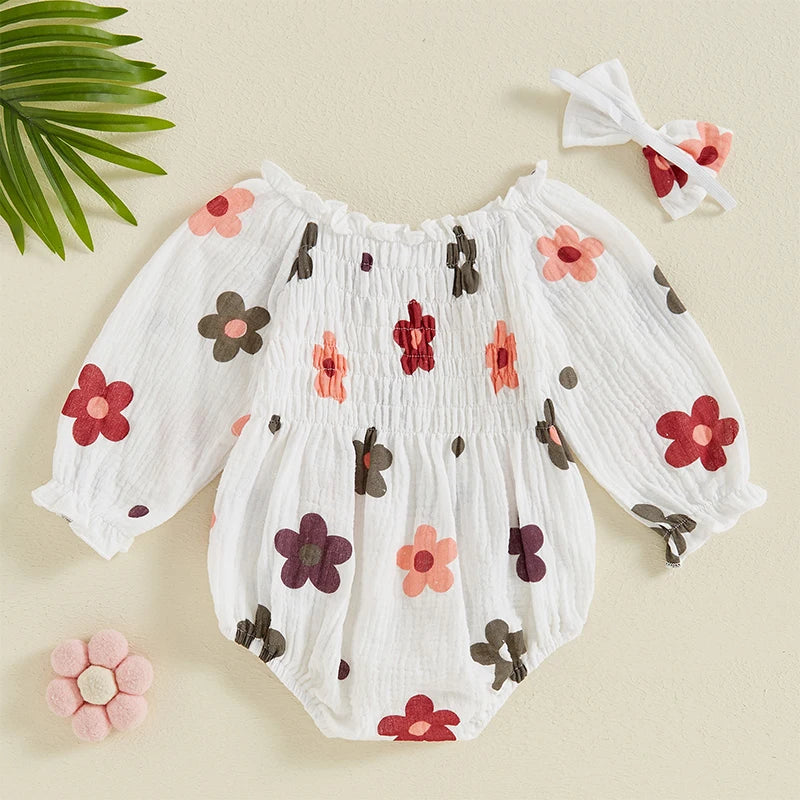 Autumn Floral Ruffled Bodysuit Set for Baby Girls with Headband