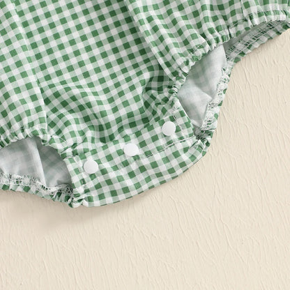 Baby Girl Christmas Plaid Bubble Romper with Embroidery