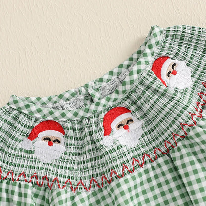 Baby Girl Christmas Plaid Bubble Romper with Embroidery