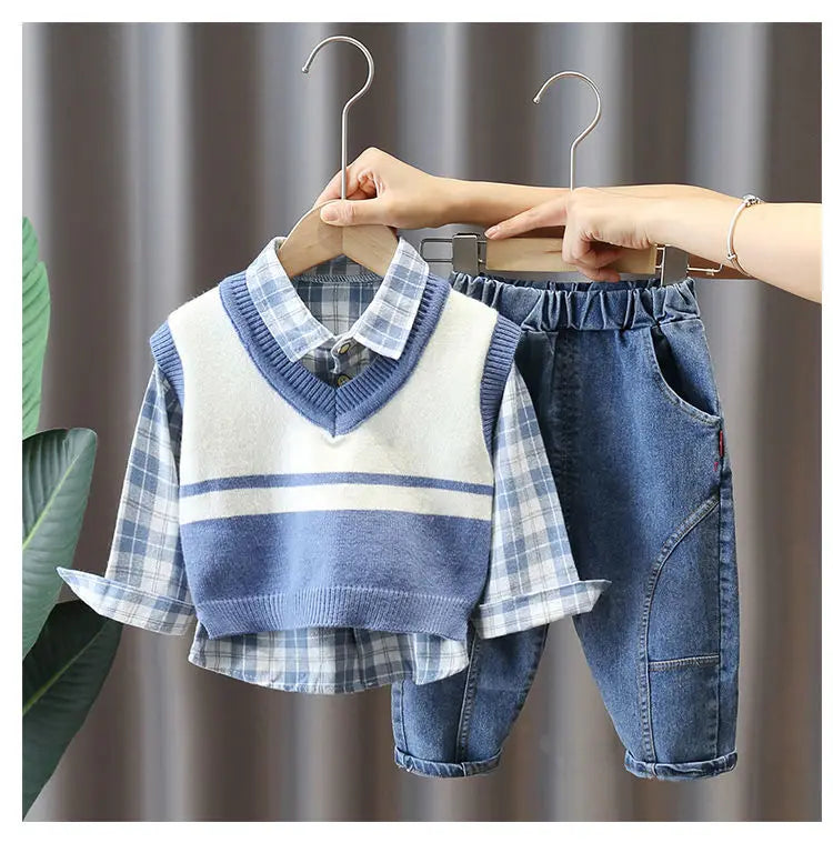 Boys' 3-Piece Autumn Outfit Set: Vest, Shirt & Jeans