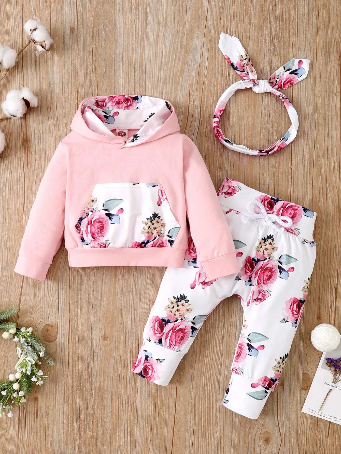 3PCS Baby Girl Floral Hooded Set with Headband 0-18 Months