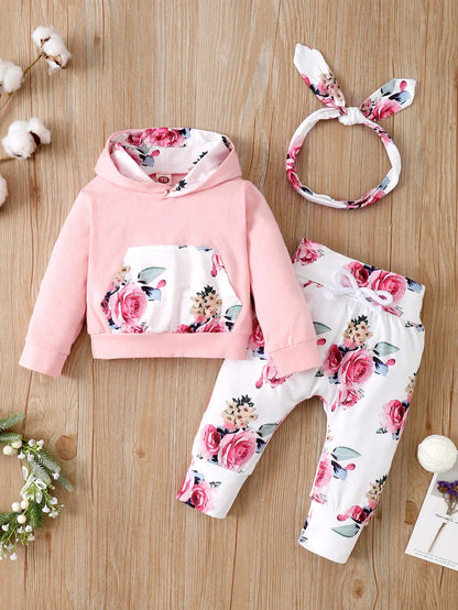 3PCS Baby Girl Floral Hooded Set with Headband 0-18 Months