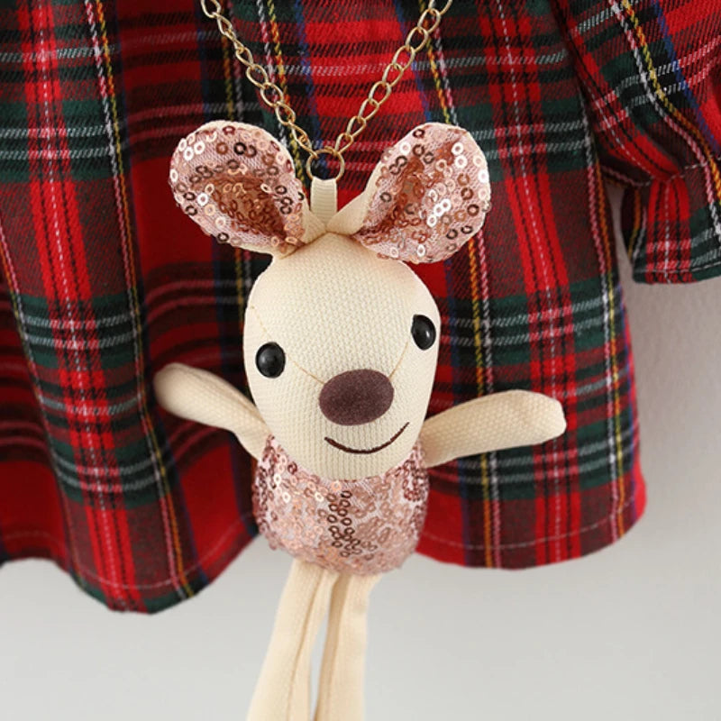 Red Plaid Baby Dress Set with Rabbit Doll for Girls