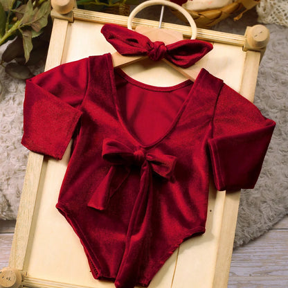Newborn Baby Girl Burgundy Velvet Christmas Romper Set
