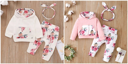 3PCS Baby Girl Floral Hooded Set with Headband 0-18 Months