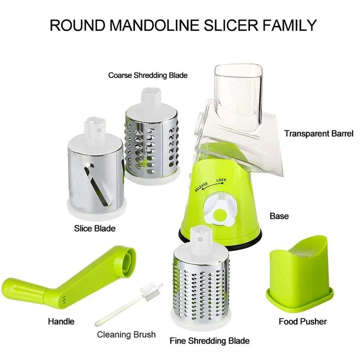 Manual Rotary Cheese Grater and Vegetable Slicer with 3 Interchangeable Stainless Steel Drums