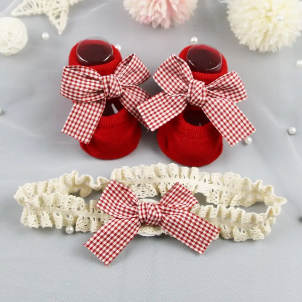 Newborn Baby Headband and Anti-Slip Bow Socks Set