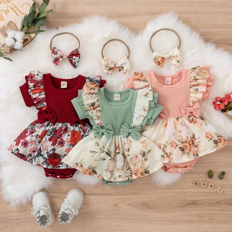 Cotton Striped Baby Girl Dress with Bowknot Headband