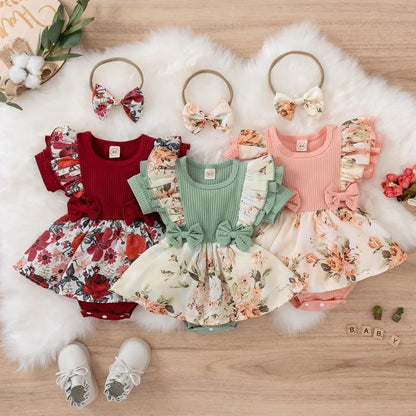 Cotton Striped Baby Girl Dress with Bowknot Headband