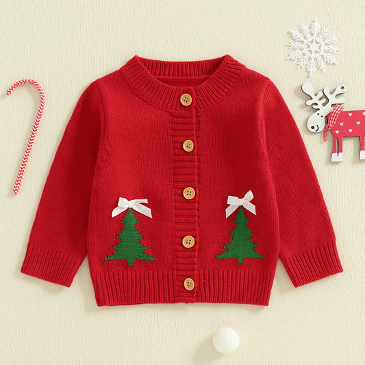 Kids' Christmas Cardigan Sweater with Santa & Tree Designs