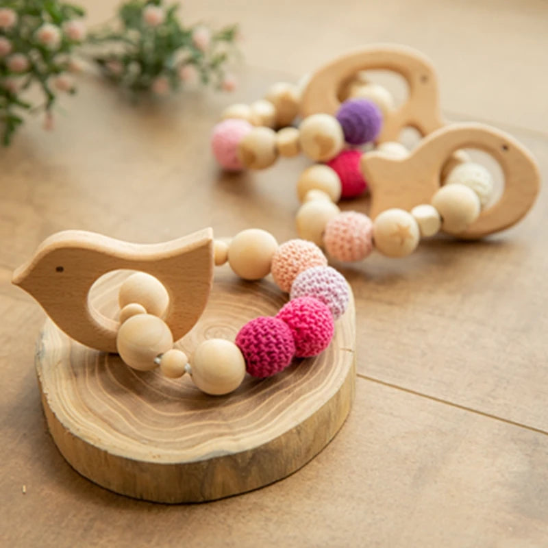 Wooden Animal Teether and Rattle Toy for Babies