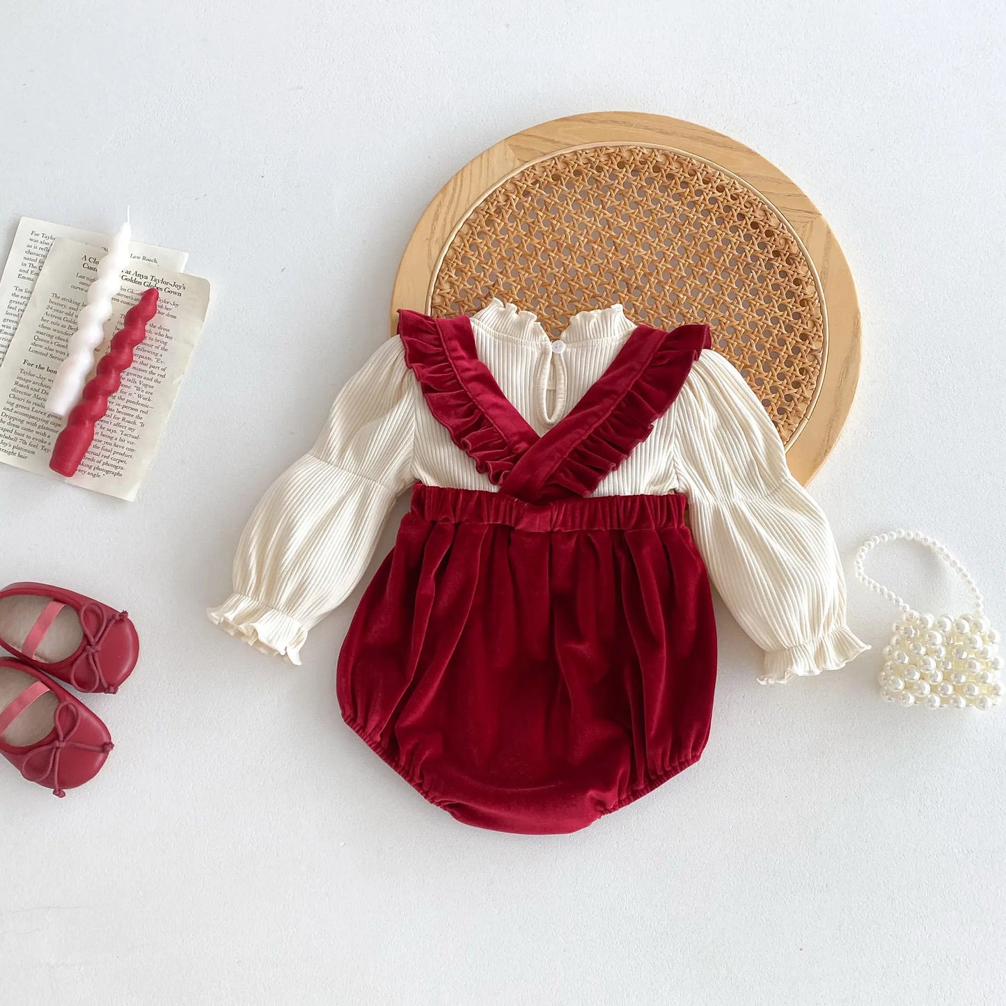 Burgundy Velvet Baby Romper with Bow and Ruffle 0-24M