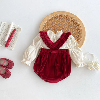 Burgundy Velvet Baby Romper with Bow and Ruffle 0-24M