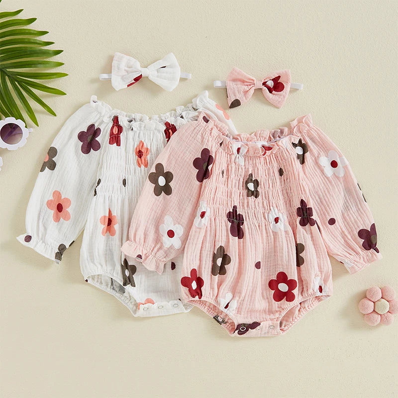 Autumn Floral Ruffled Bodysuit Set for Baby Girls with Headband