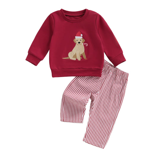 Toddler Christmas Dog Embroidered Sweatshirt and Pants Set
